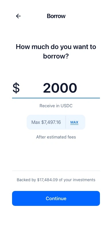 Stature loan setup showing a demo $2,000 loan in USDC backed by eligible investments.