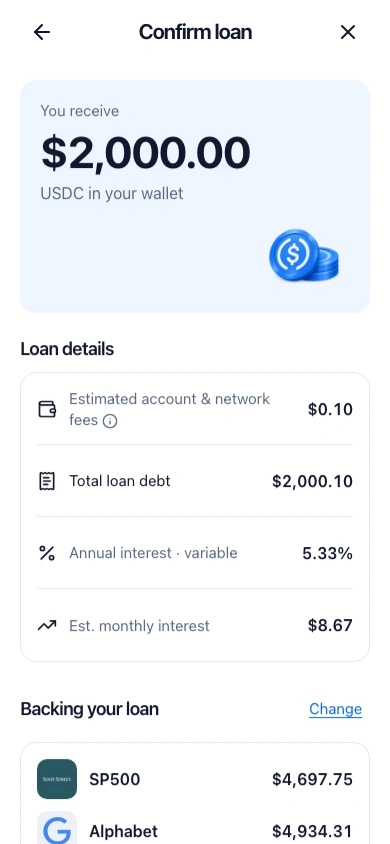 Stature loan review showing demo proceeds, fees, variable interest, and the investments backing the loan.