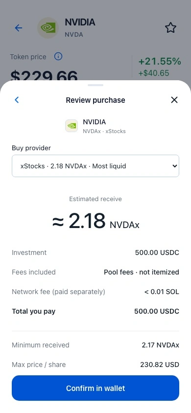 Stature purchase review with a provider quote, estimated shares, fees, and maximum price before confirmation.
