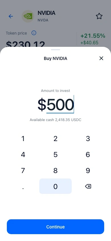Stature Buy NVIDIA screen with a demo amount of $500 and a Continue button.