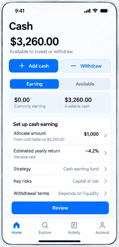 Stature cash earning screen with available balance, allocation controls, and earning details.