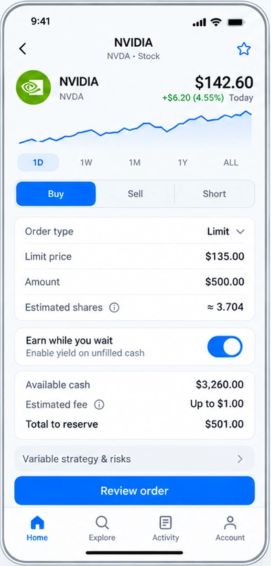 Stature NVIDIA limit order screen with a stock chart, order amount, and an earn-while-you-wait toggle for unfilled cash.