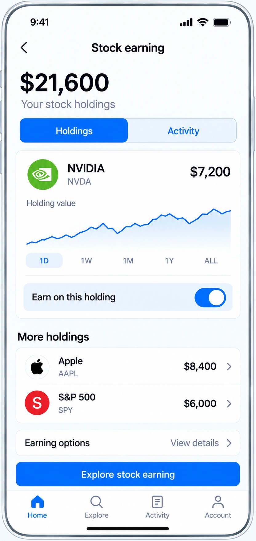 Stature stock earning design with NVIDIA holding value, an earning toggle, and Apple and S&P 500 holdings.