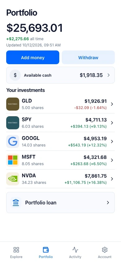 Stature portfolio with demo holdings, available cash, and a portfolio loan action.