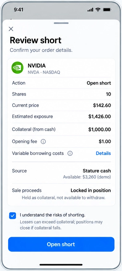 Illustrative short review showing exposure, collateral, variable costs, and risk acknowledgement before opening.